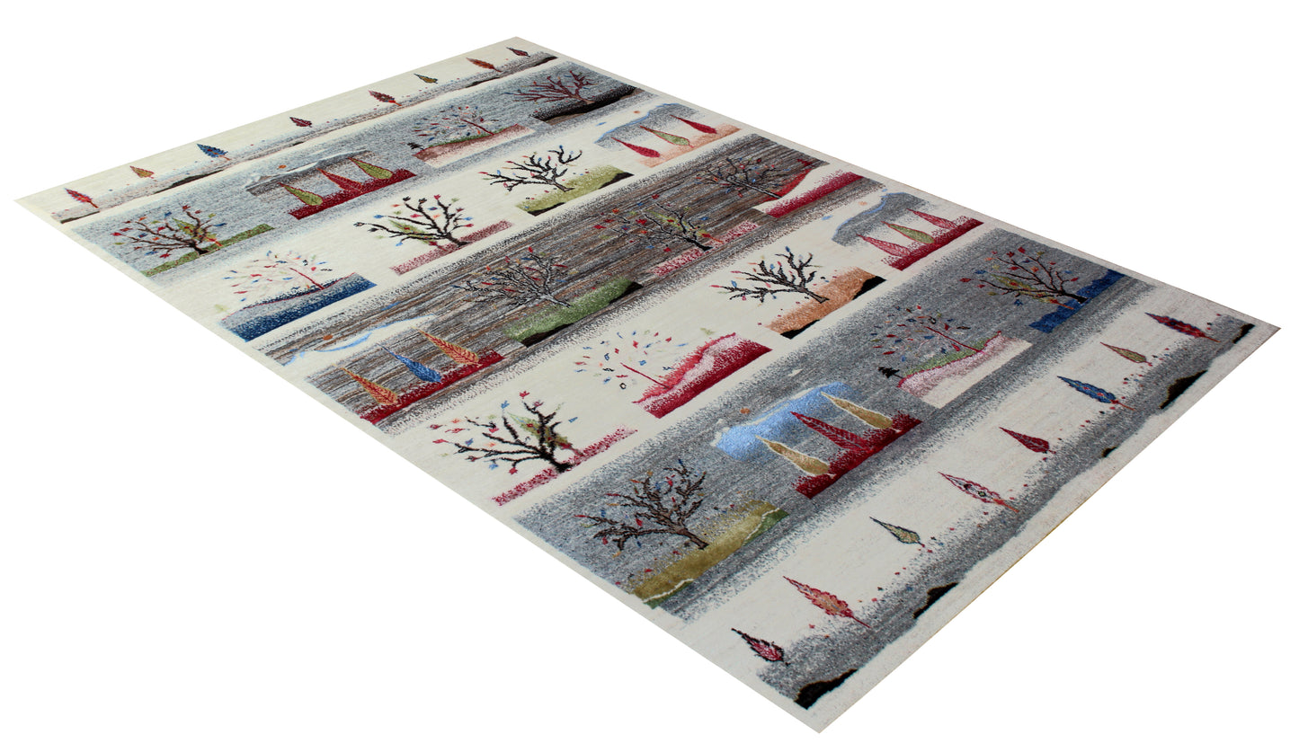 Seasonal Landscape 5.6x8 Gabbeh Hand Knotted Ivory Vibrant Color Area Rug