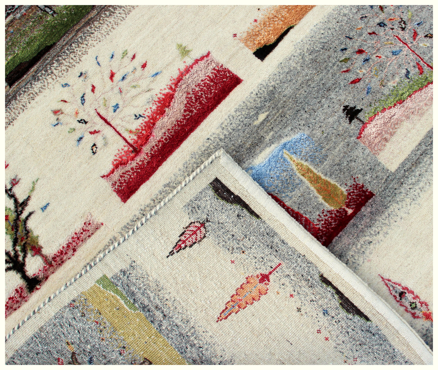 Seasonal Landscape 5.6x8 Gabbeh Hand Knotted Ivory Vibrant Color Area Rug