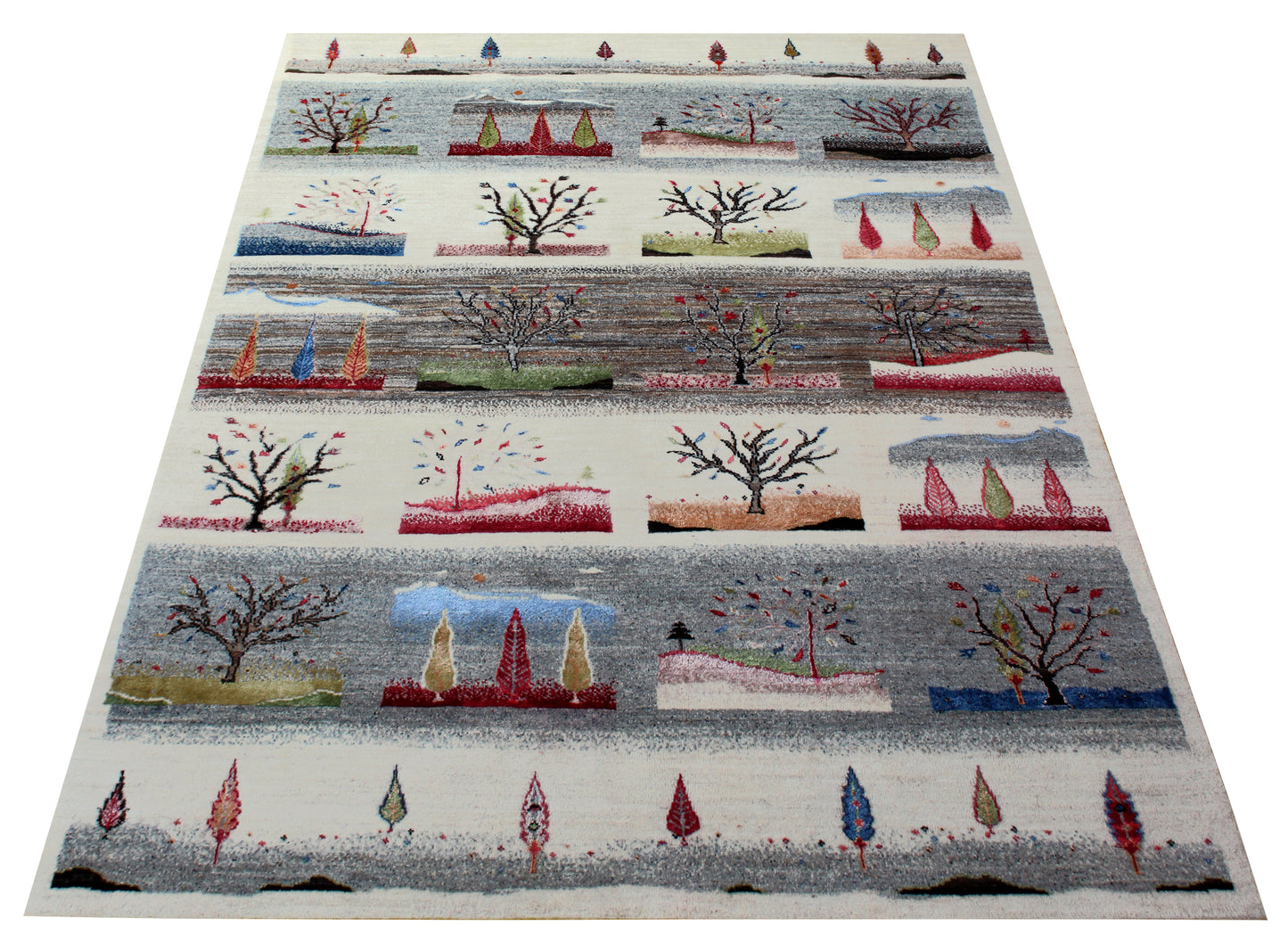 Seasonal Landscape 5.6x8 Gabbeh Hand Knotted Ivory Vibrant Color Area Rug