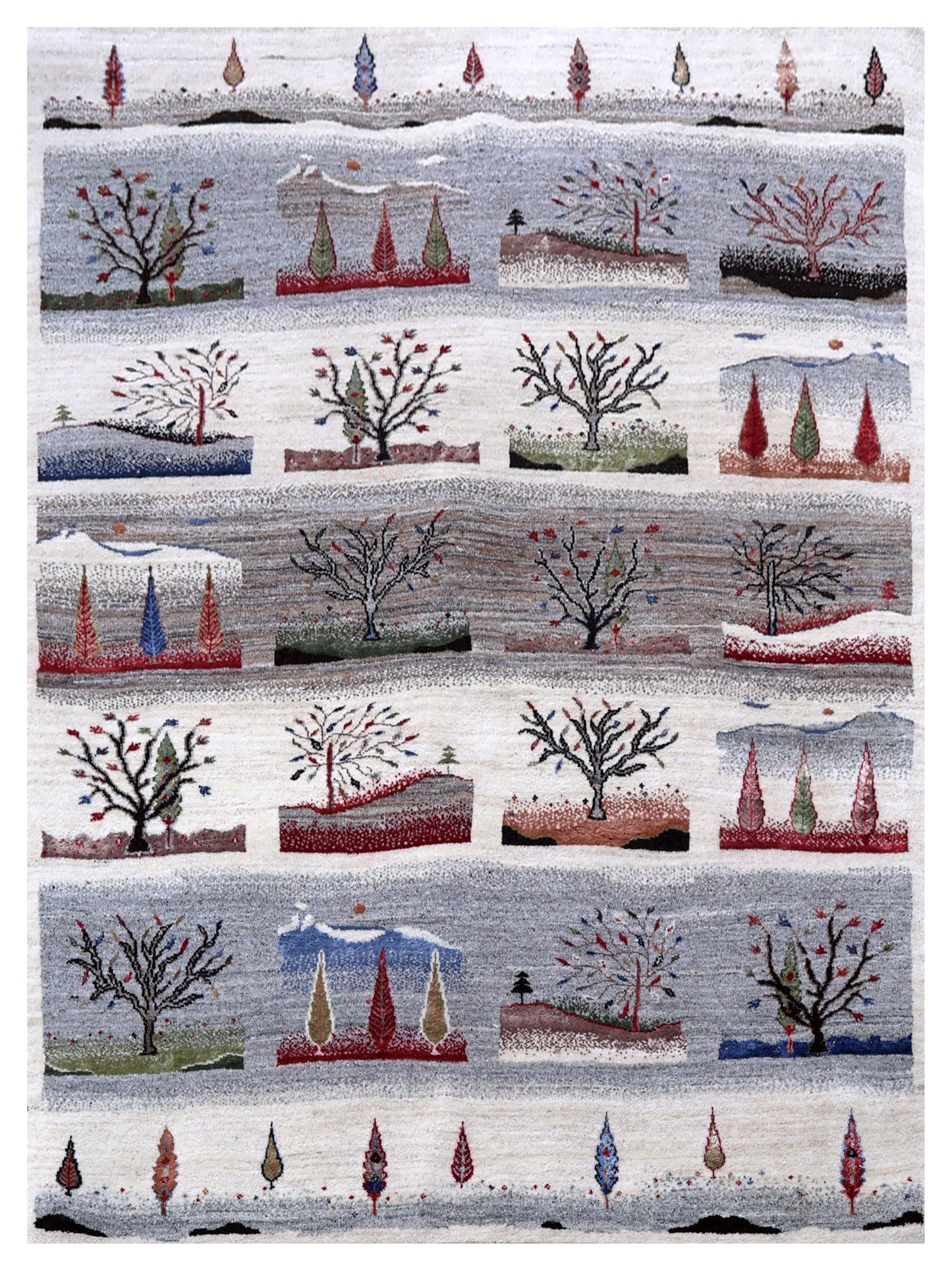 Ivory Grey Brown Green Gabbeh Four Seasons Tree of Life Wool Viscose Hand Knotted Traditional 5.6x8 Area Rug