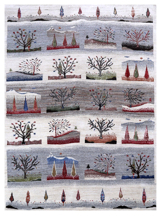 Ivory Grey Brown Green Gabbeh Four Seasons Tree of Life Wool Viscose Hand Knotted Traditional 5.6x8 Area Rug