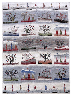 Ivory Grey Brown Green Gabbeh Four Seasons Tree of Life Wool Viscose Hand Knotted Traditional 5.6x8 Area Rug