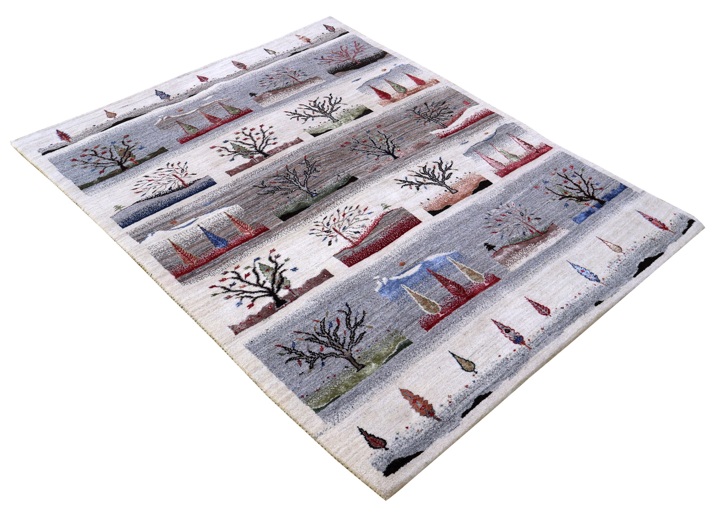 Ivory Grey Brown Green Gabbeh Four Seasons Tree of Life Wool Viscose Hand Knotted Traditional 5.6x8 Area Rug