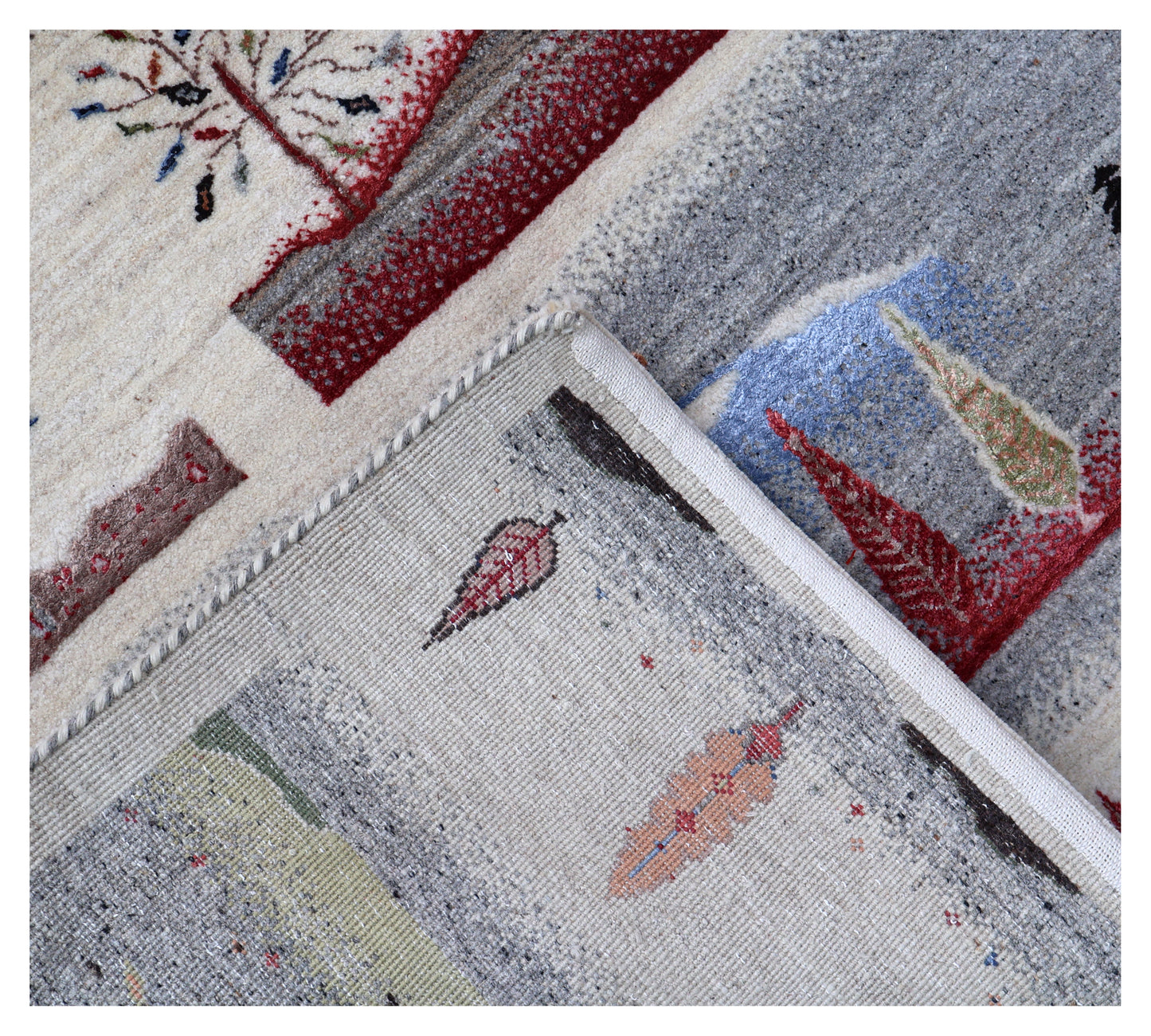 Ivory Grey Brown Green Gabbeh Four Seasons Tree of Life Wool Viscose Hand Knotted Traditional 5.6x8 Area Rug