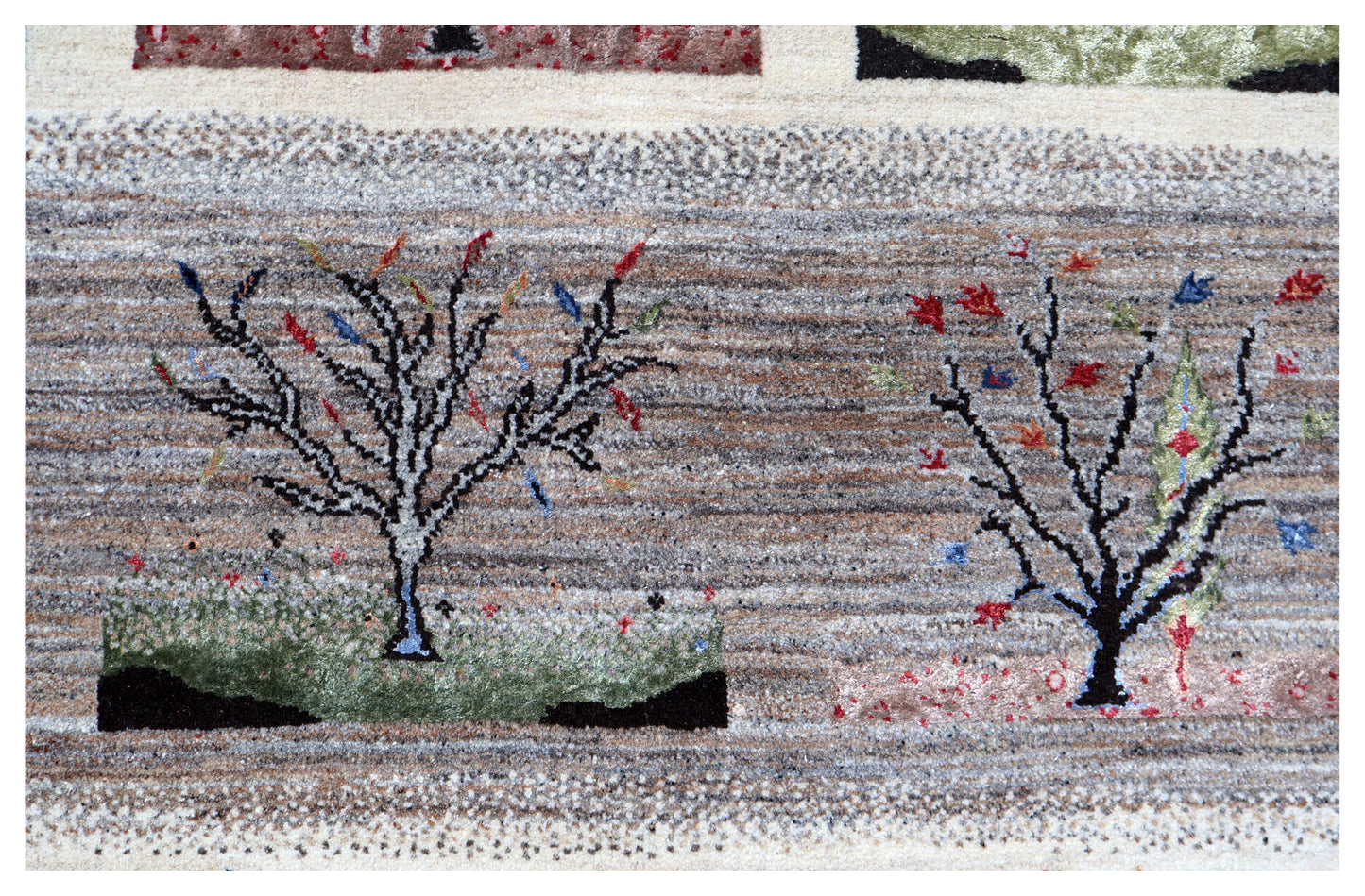 Ivory Grey Brown Green Gabbeh Four Seasons Tree of Life Wool Viscose Hand Knotted Traditional 5.6x8 Area Rug