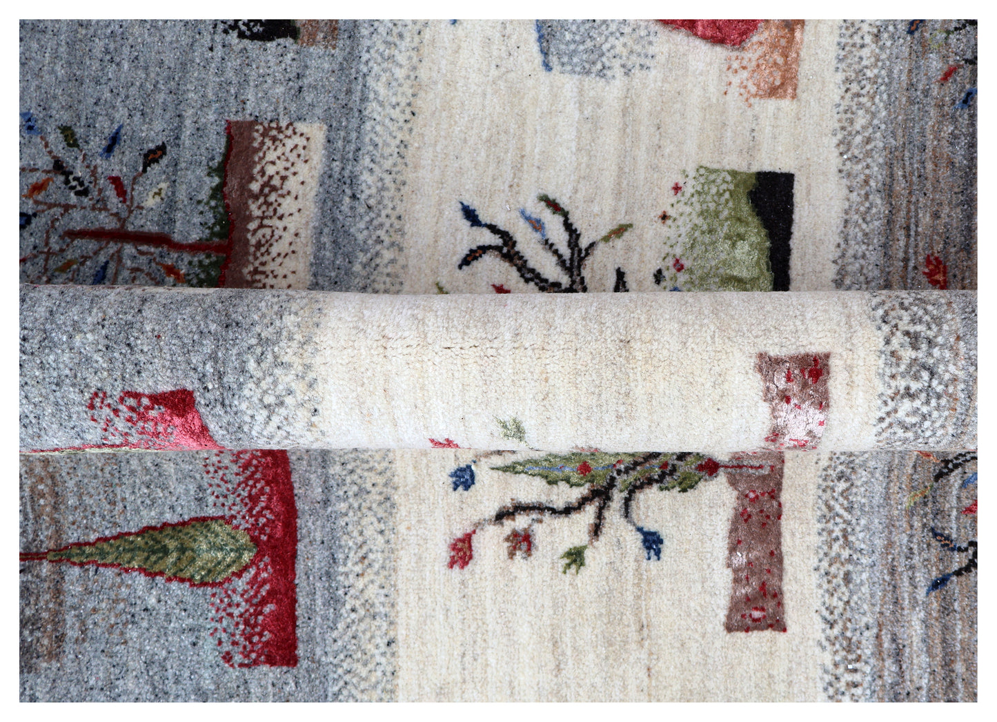 Ivory Grey Brown Green Gabbeh Four Seasons Tree of Life Wool Viscose Hand Knotted Traditional 5.6x8 Area Rug