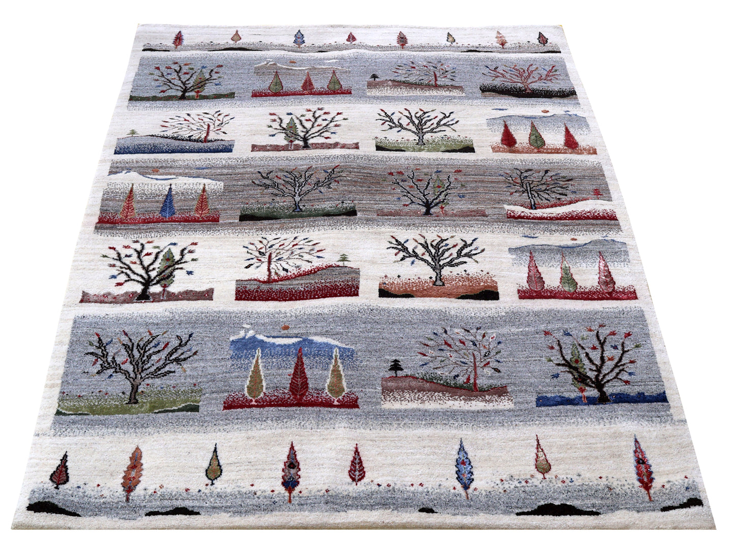 Ivory Grey Brown Green Gabbeh Four Seasons Tree of Life Wool Viscose Hand Knotted Traditional 5.6x8 Area Rug