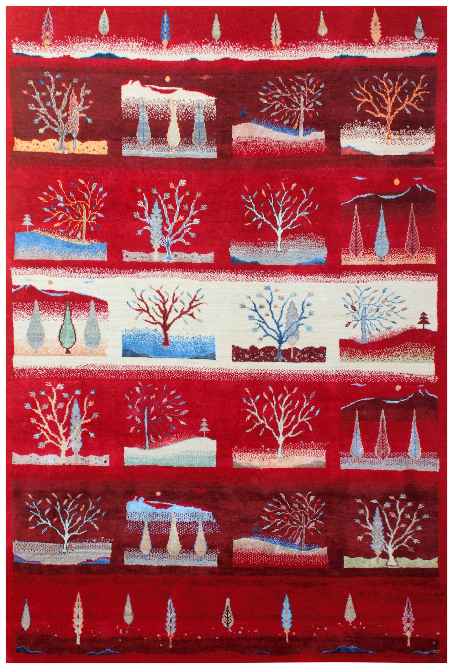 Winter Landscape Gabbeh Red Vibrant Color Hand Knotted 5.6x8 Area Rug