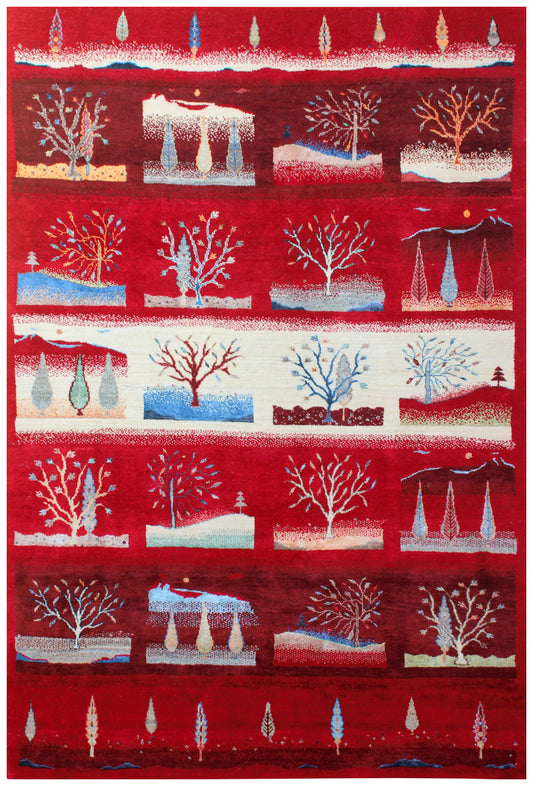Winter Landscape Gabbeh Red Vibrant Color Hand Knotted 5.6x8 Area Rug