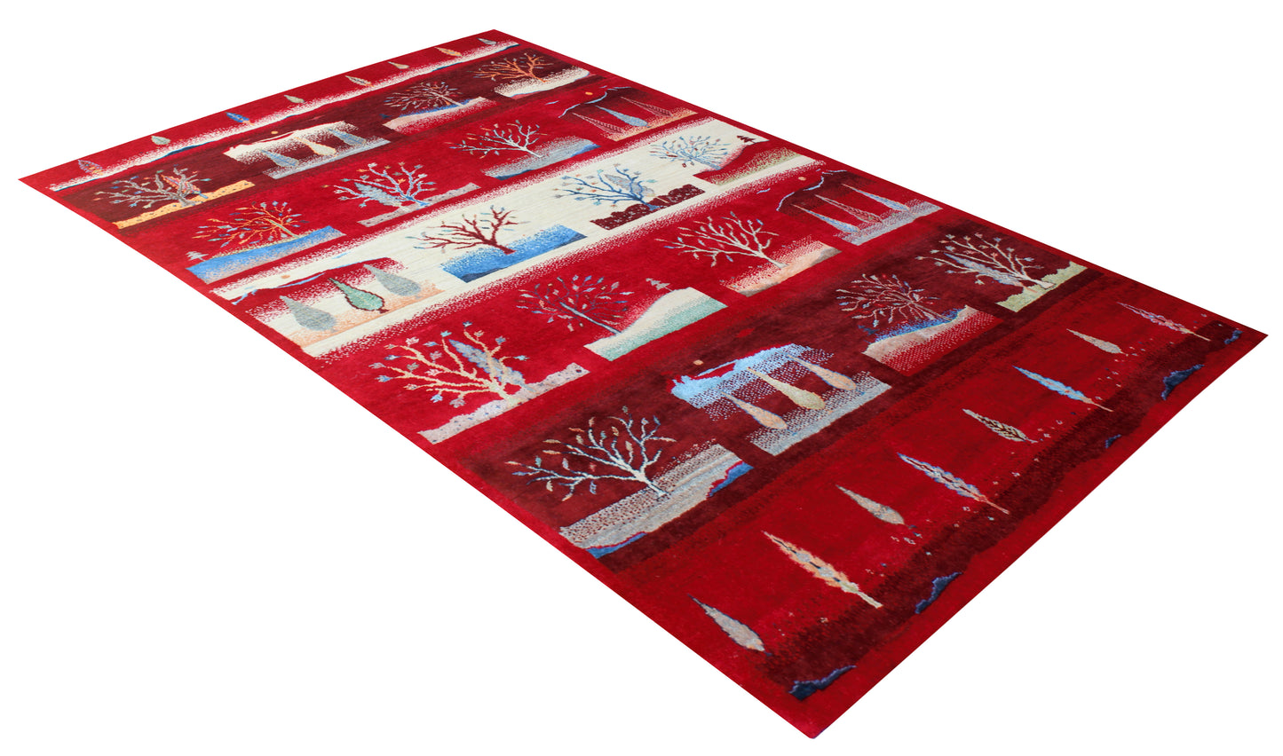 Winter Landscape Gabbeh Red Vibrant Color Hand Knotted 5.6x8 Area Rug