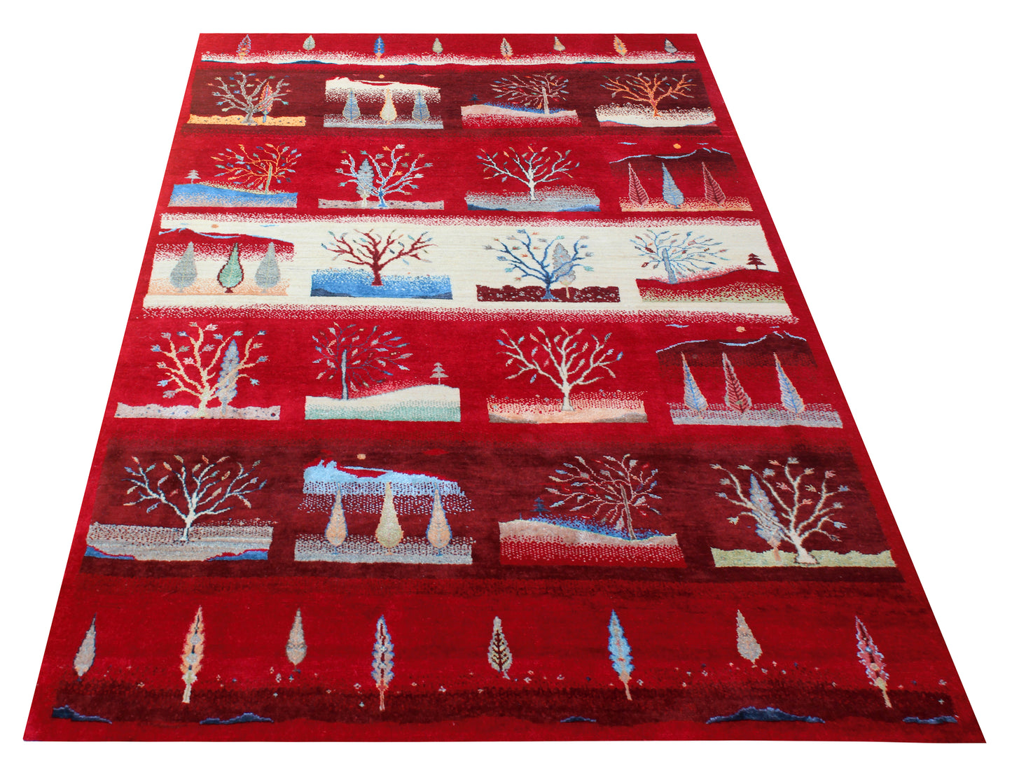 Winter Landscape Gabbeh Red Vibrant Color Hand Knotted 5.6x8 Area Rug