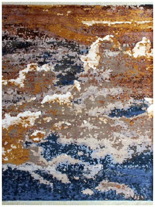 Artisan Hand Knotted Wool Viscose – Brown Gold Navy Grey Modern Abstract 85 KPSI 8x10 Area Rug
