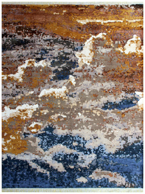 Artisan Hand Knotted Wool Viscose – Brown Gold Navy Grey Modern Abstract 85 KPSI 8x10 Area Rug