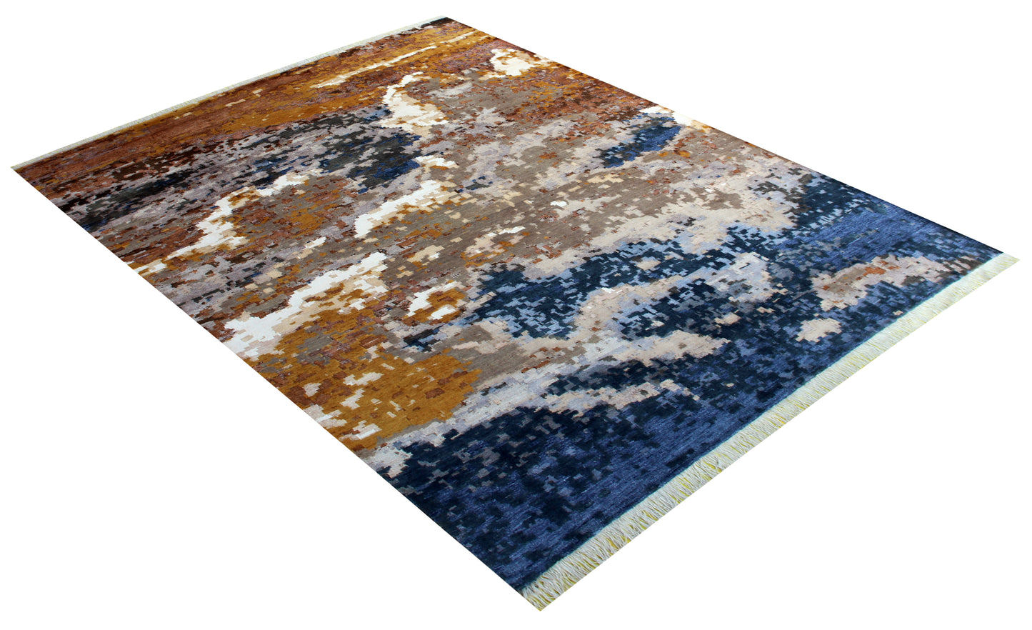 Artisan Hand Knotted Wool Viscose – Brown Gold Navy Grey Modern Abstract 85 KPSI 8x10 Area Rug