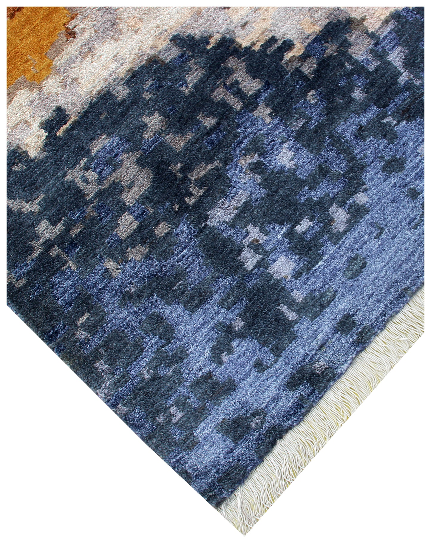 Artisan Hand Knotted Wool Viscose – Brown Gold Navy Grey Modern Abstract 85 KPSI 8x10 Area Rug