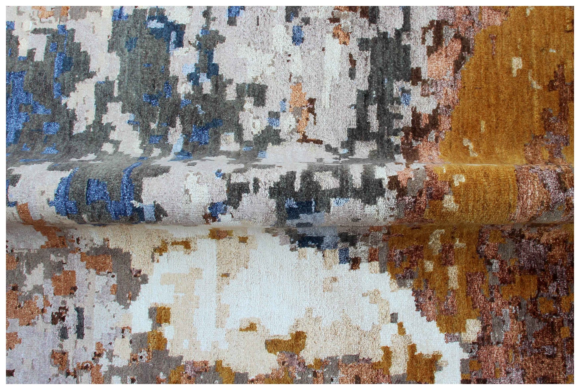 Artisan Hand Knotted Wool Viscose – Brown Gold Navy Grey Modern Abstract 85 KPSI 8x10 Area Rug