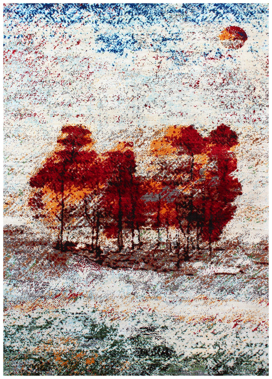 Modern Abstract Landscape Hand Knotted Ivory Red 5.6x8 Area Rug