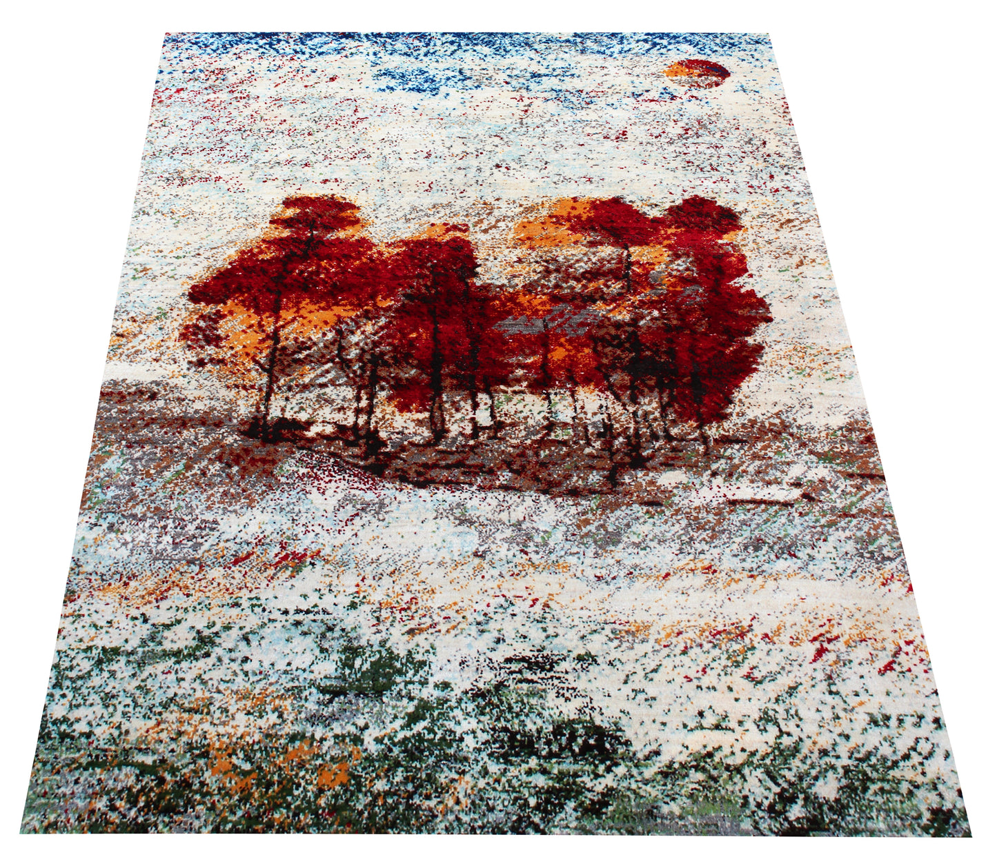 Modern Abstract Landscape Hand Knotted Ivory Red 5.6x8 Area Rug