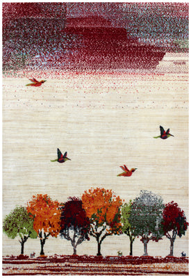 Beige Red Autumn Landscape 5.6x8 Hand Knotted Modern Abstract Area Rug