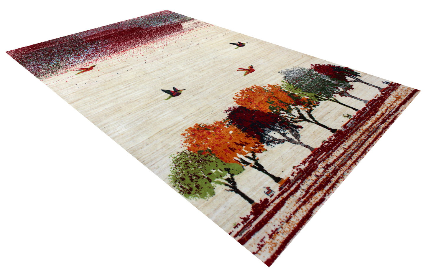 Beige Red Autumn Landscape 5.6x8 Hand Knotted Modern Abstract Area Rug