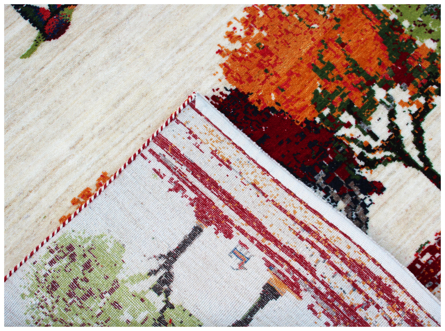 Beige Red Autumn Landscape 5.6x8 Hand Knotted Modern Abstract Area Rug