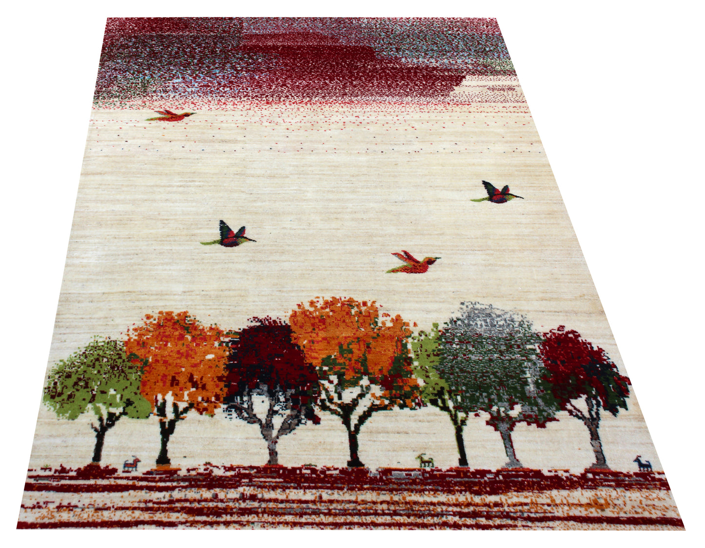 Beige Red Autumn Landscape 5.6x8 Hand Knotted Modern Abstract Area Rug