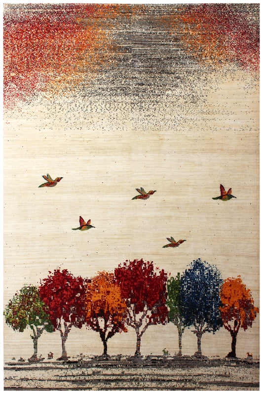 Rug with trees in red, orange, and blue with birds flying above on a textured background