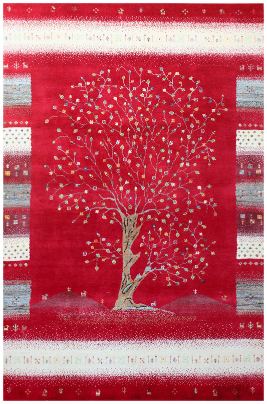 Tree of Life Gabbeh Hand Knotted Red Beige 5.6x8 Area Rug