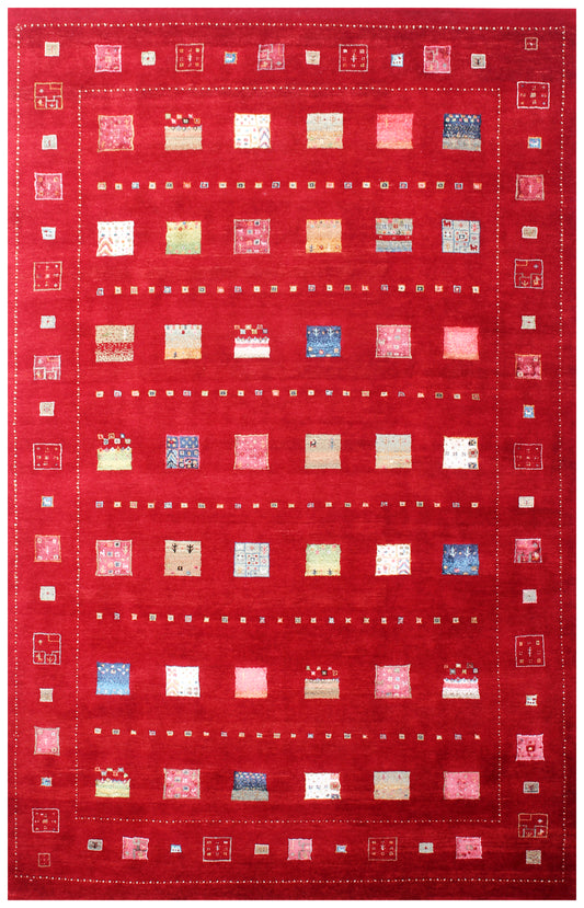 Hand Knotted Gabbeh Tribal Wool Rug 6.6x10 Red Multi Geometric Blocks