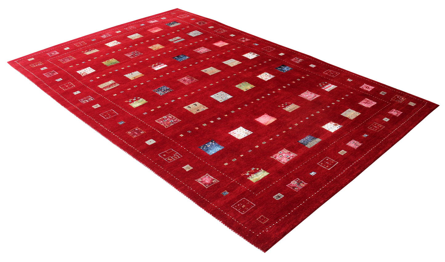 Hand Knotted Gabbeh Tribal Wool Rug 6.6x10 Red Multi Geometric Blocks