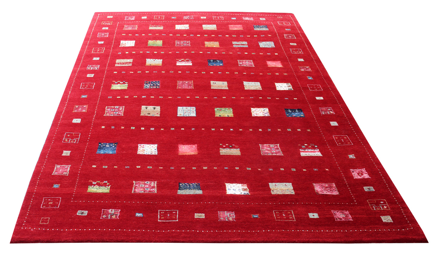 Hand Knotted Gabbeh Tribal Wool Rug 6.6x10 Red Multi Geometric Blocks