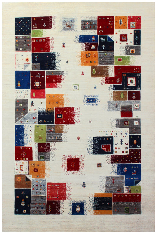 Gabbeh Patchwork Hand Knotted 5.6x8 Ivory Vibrant Color Area Rug