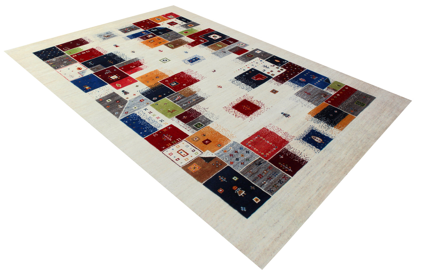 Gabbeh Patchwork Hand Knotted 5.6x8 Ivory Vibrant Color Area Rug