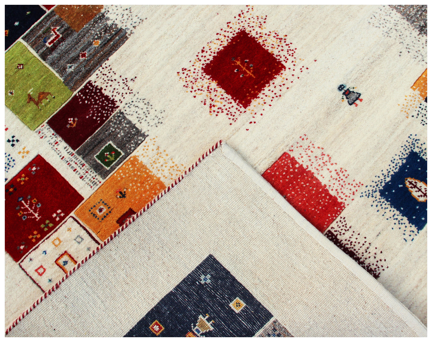 Gabbeh Patchwork Hand Knotted 5.6x8 Ivory Vibrant Color Area Rug