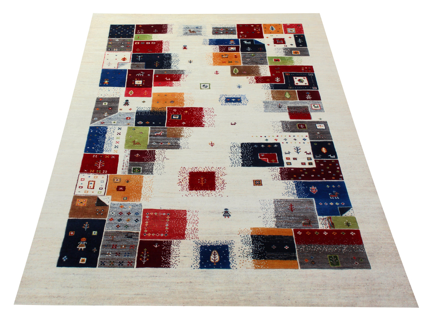Gabbeh Patchwork Hand Knotted 5.6x8 Ivory Vibrant Color Area Rug