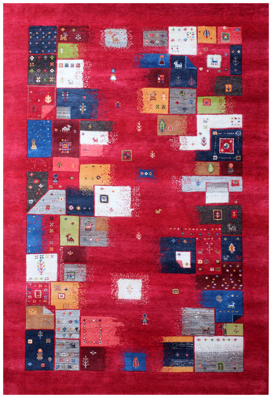 Red Vibrant Color Patchwork 5.6x8 Gabbeh Hand Knotted Area Rug