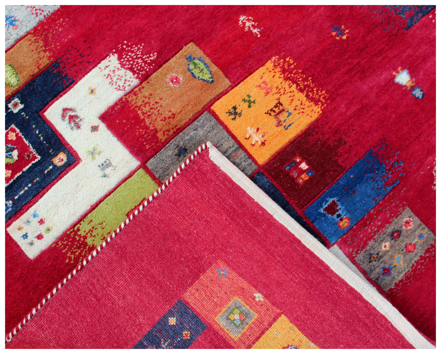 Red Vibrant Color Patchwork 5.6x8 Gabbeh Hand Knotted Area Rug
