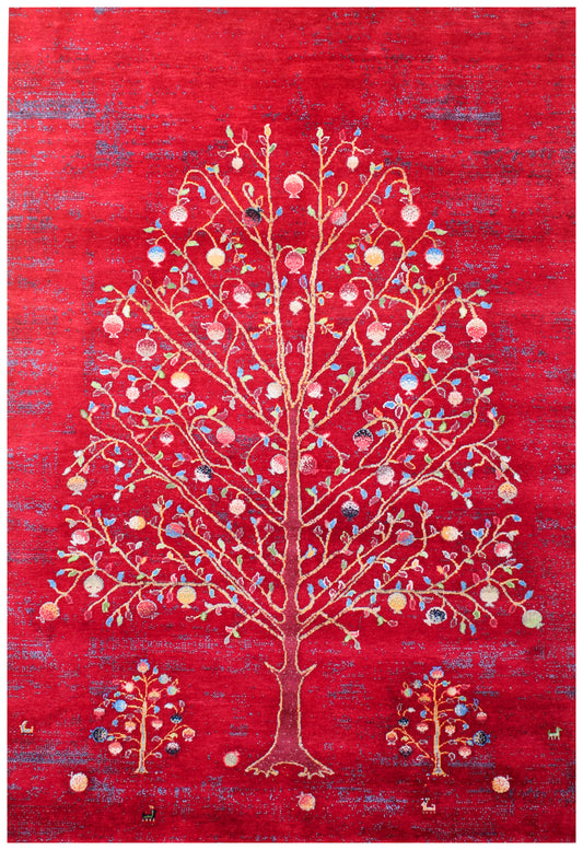 Red Beige Tree of Life Hand Knotted 5.6x8 Gabbeh Area Rug