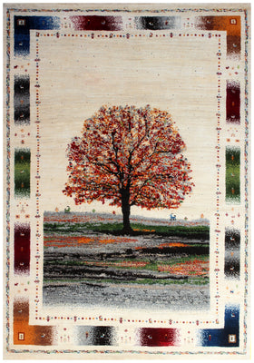 5.6x8 Gabbeh Tree of Life Hand Knotted Ivory Multi-Color Area Rug