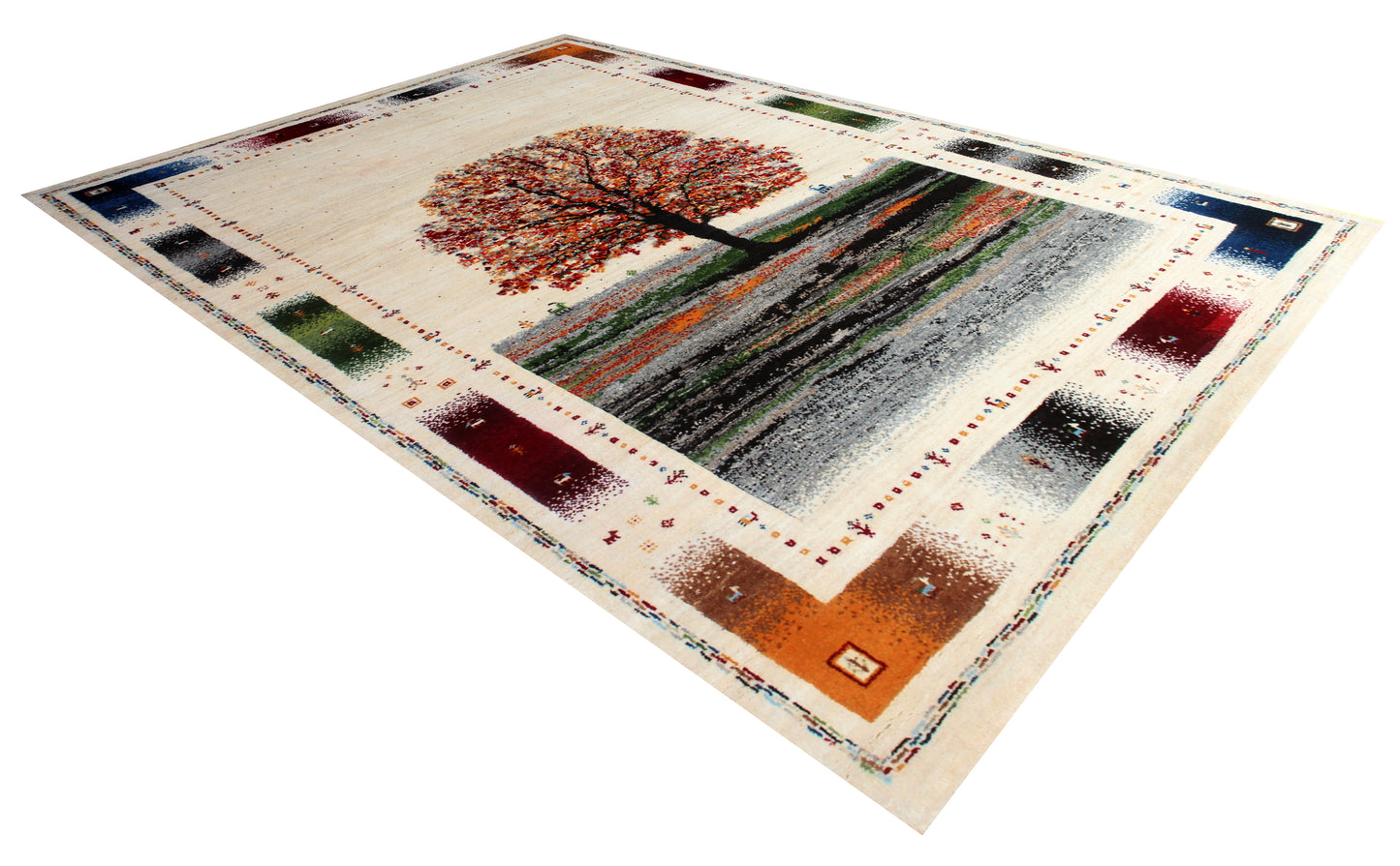 5.6x8 Gabbeh Tree of Life Hand Knotted Ivory Multi-Color Area Rug