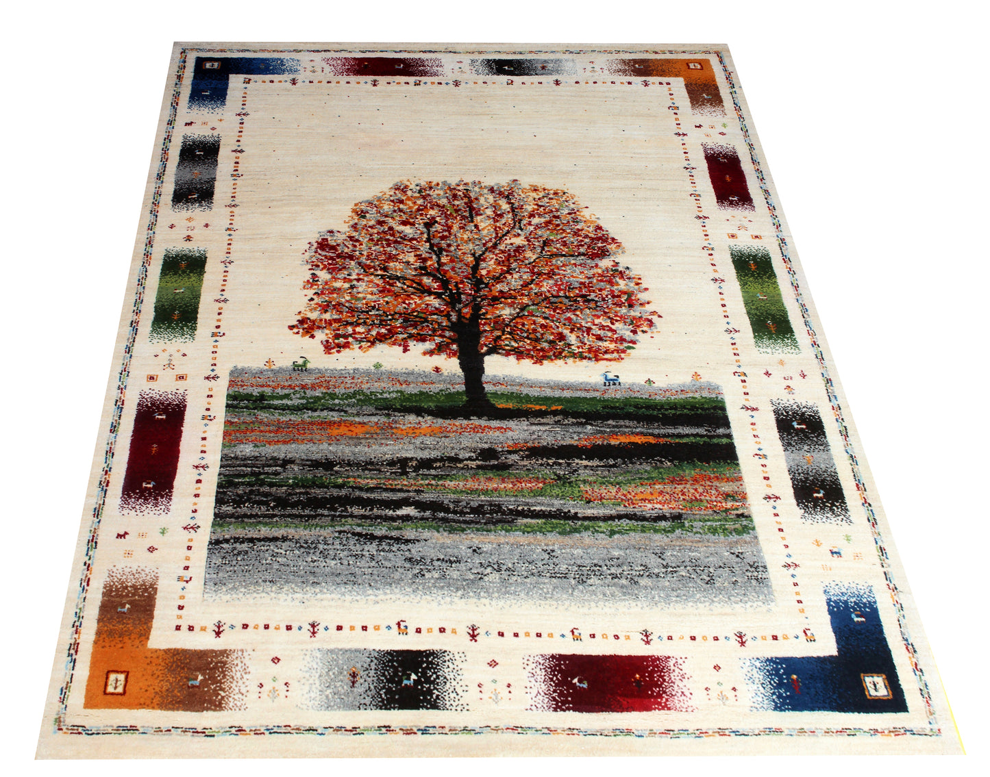 5.6x8 Gabbeh Tree of Life Hand Knotted Ivory Multi-Color Area Rug
