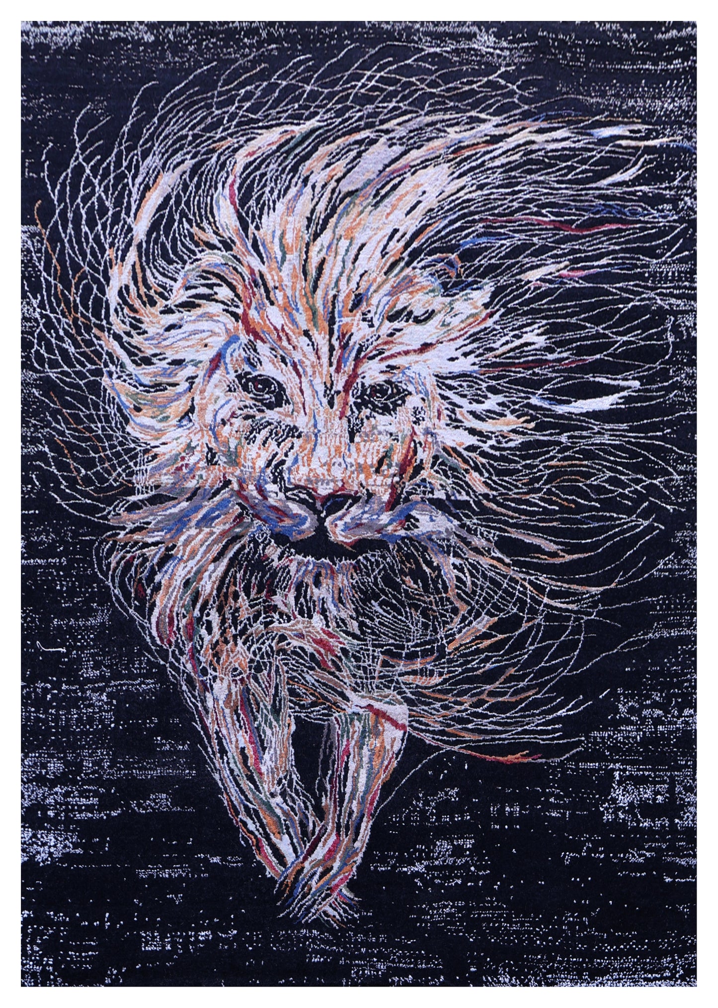 Black Abstract Expressionist Lion Hand Knotted Wool Viscose Contemporary 5.6x8 Area Rug