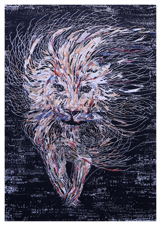 Black Abstract Expressionist Lion Hand Knotted Wool Viscose Contemporary 5.6x8 Area Rug