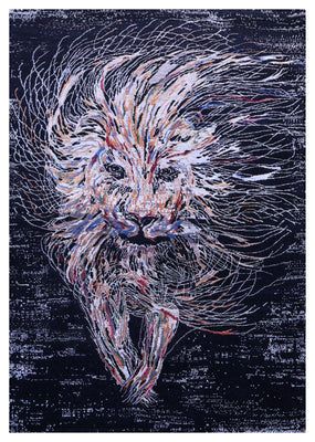 Black Abstract Expressionist Lion Hand Knotted Wool Viscose Contemporary 5.6x8 Area Rug