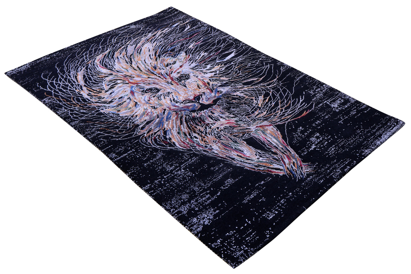 Black Abstract Expressionist Lion Hand Knotted Wool Viscose Contemporary 5.6x8 Area Rug