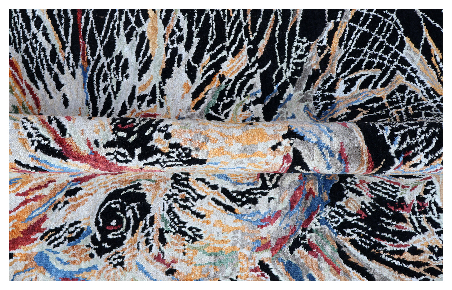 Black Abstract Expressionist Lion Hand Knotted Wool Viscose Contemporary 5.6x8 Area Rug