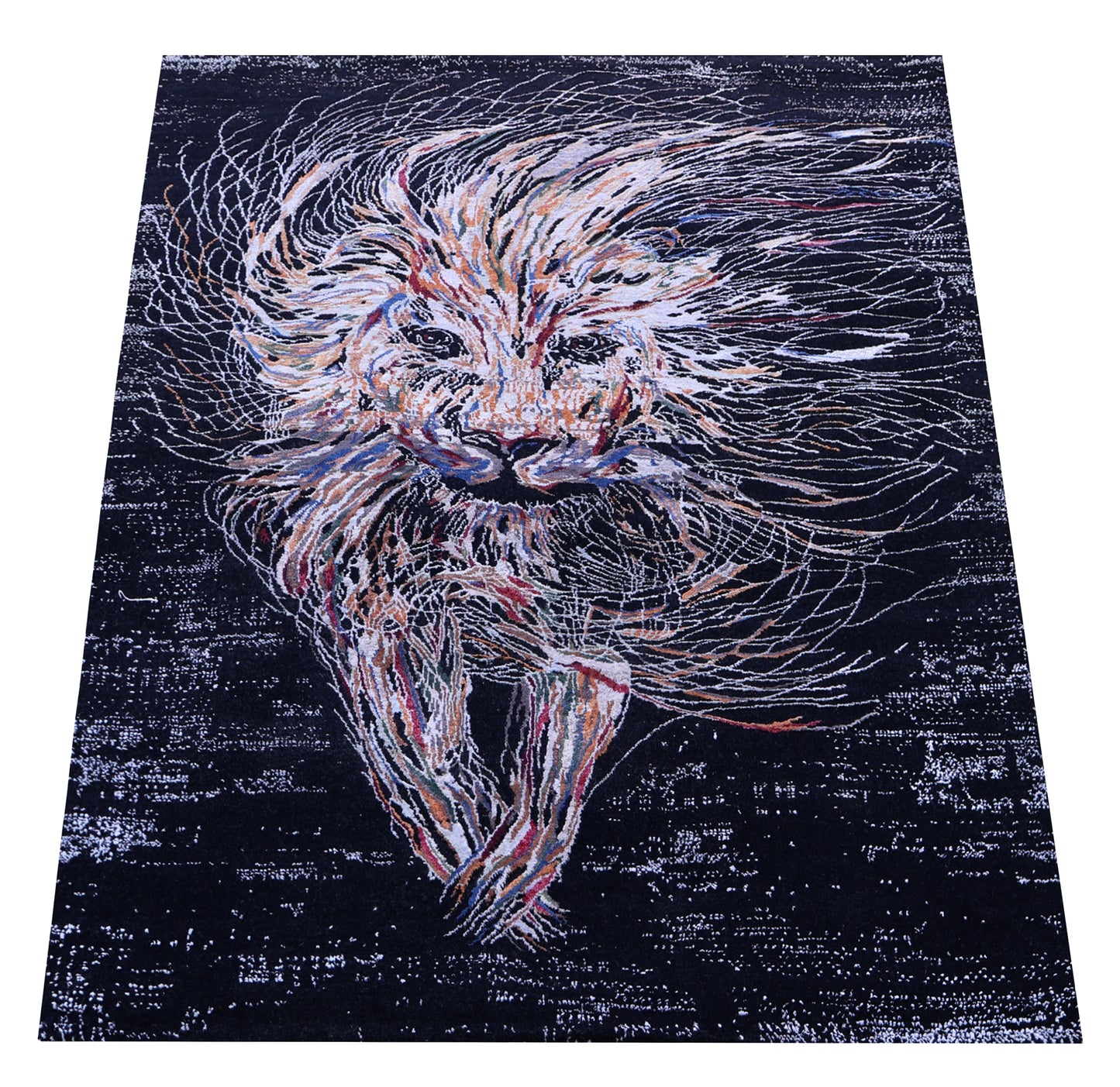 Black Abstract Expressionist Lion Hand Knotted Wool Viscose Contemporary 5.6x8 Area Rug