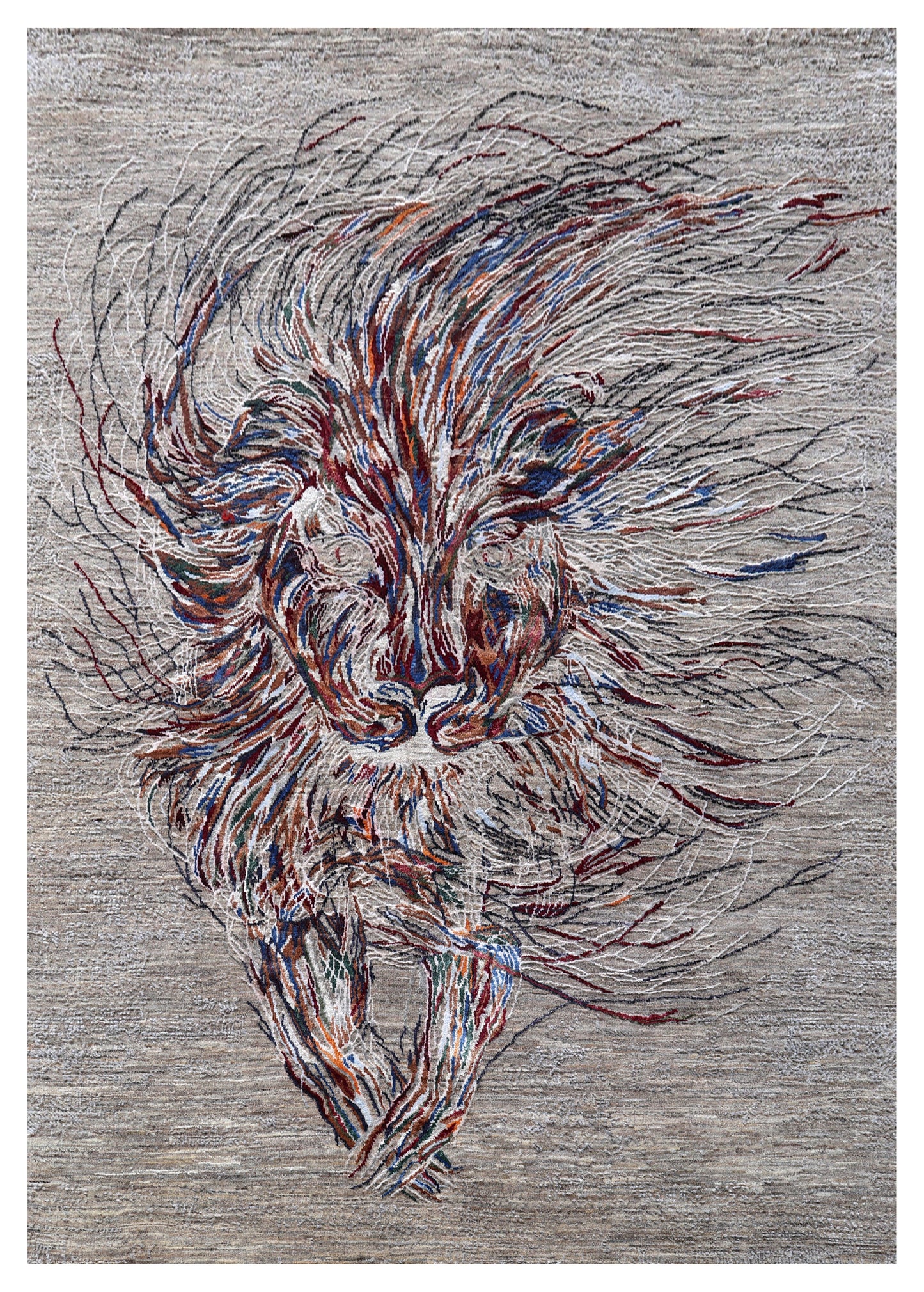 Grey Abstract Expressionist Lion Hand Knotted Wool Viscose Contemporary 5.6x8 Area Rug