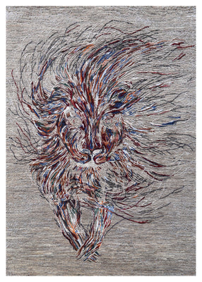 Grey Abstract Expressionist Lion Hand Knotted Wool Viscose Contemporary 5.6x8 Area Rug