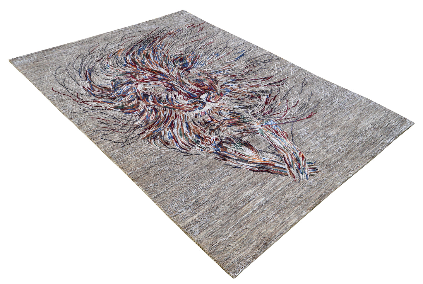 Grey Abstract Expressionist Lion Hand Knotted Wool Viscose Contemporary 5.6x8 Area Rug